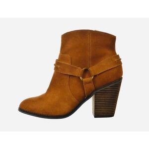 KELSI DAGGER Tan‎ Suede Ankle Boot Harness Buckle Heel Western Bootie Shoe 9.5
